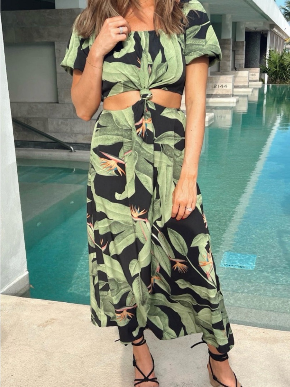 vestique Black Midi Dress with Green Leaf Print